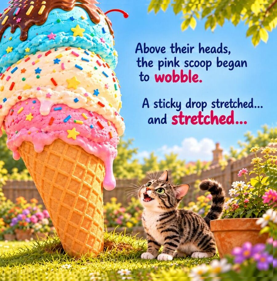 Above their heads, the pink scoop begins to wobble