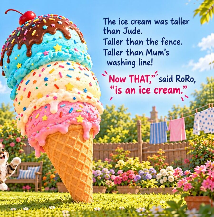 RoRo, Jude and Tyson in the garden with the giant ice cream